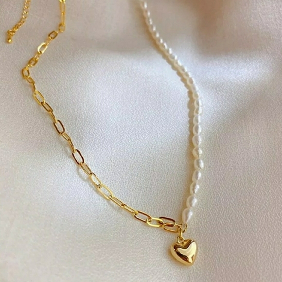 NEW 18K Gold Plated Real Baroque Pearl Chain Link Heart Pendant Choker Necklace - Picture 5 of 11